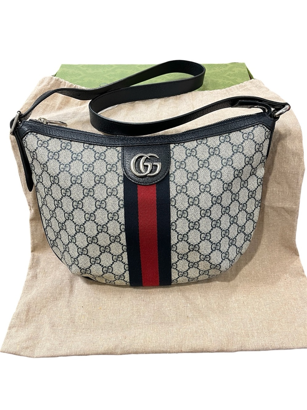 GUCCI Ophidia Half Moon Crescent Shoulder-bag Blue Tan GG Supreme